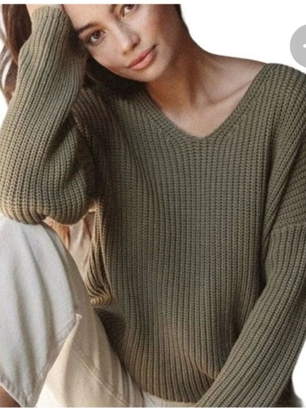Jenni Kayne khaki V-Neck Fisherman Sweater